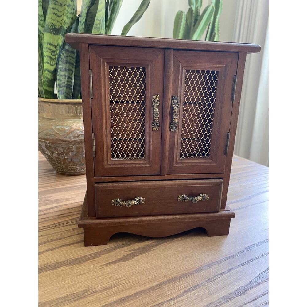 Vintage 1970s Wood Musical Jewelry Box Made In Japan Armoire 4 Drawers